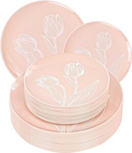 GATHER 40PCS Pink and White Tulip Design Disposable Plastic Plates
