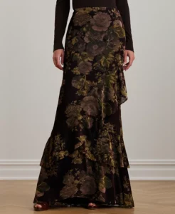Women’s Floral Burnout Velvet Tiered Maxiskirt