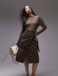 ARKET midi wrap skirt with pleat detail and utility pocket in dark khaki green