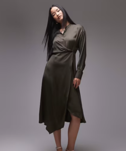 ARKET midi shirt dress with asymmetric drape detail in khaki green