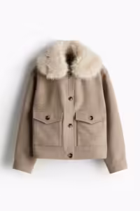 Twill Jacket with Fluffy Collar Beige melange