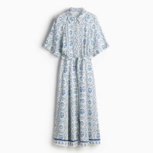 Tie-belt shirt dress White/blue patterned