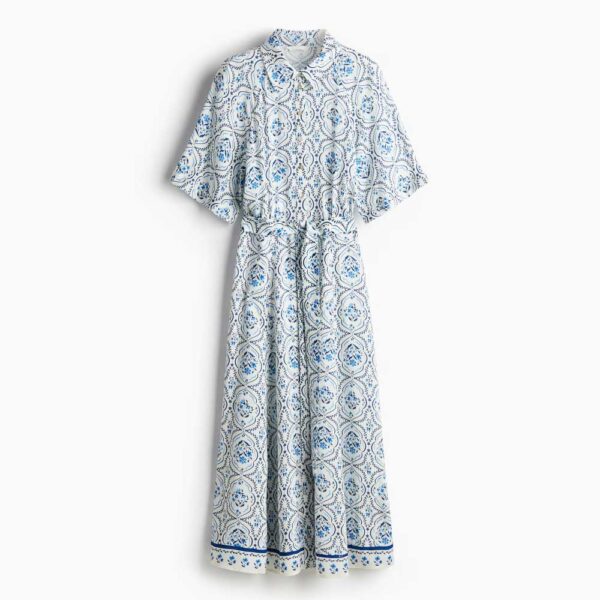 Tie-belt shirt dress White/blue patterned