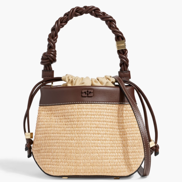 GANNI Bou leather-trimmed faux raffia bucket bag