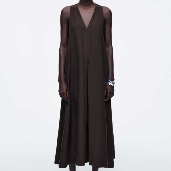 A-LINE LINEN-BLEND MAXI DRESS Brown