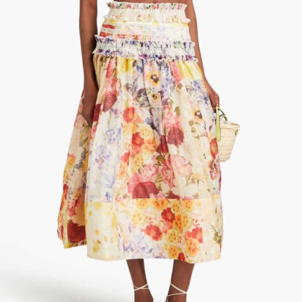 Ruffled floral-print linen and silk-blend gauze midi skirt