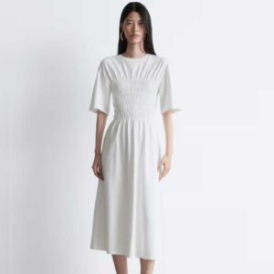 Smocked Midi Dress White