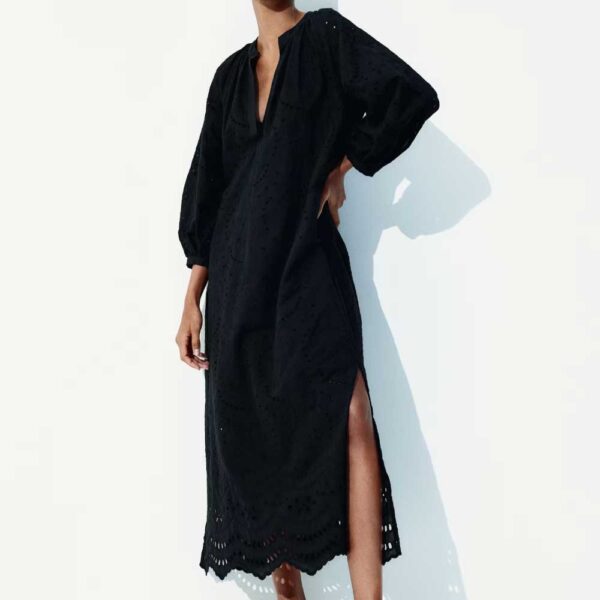Eyelet-Embroidered Dress with Tie Belt Black