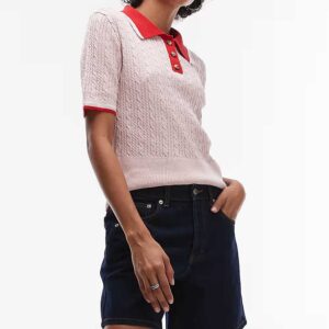 Topshop cable knit shrunken rugby top in pink and red