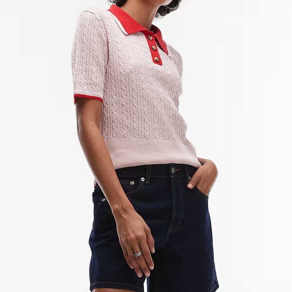 Topshop cable knit shrunken rugby top in pink and red