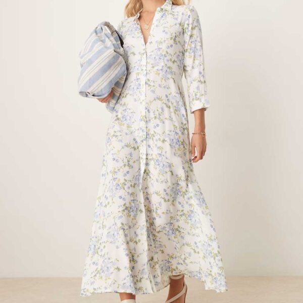 YAS maxi shirt dress in white based blue floral print