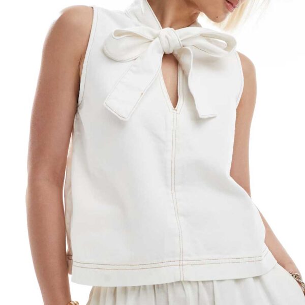 ASOS DESIGN a-line denim top with bow tie neck in ecru
