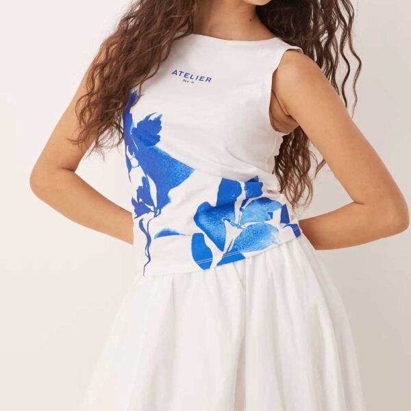 ASOS DESIGN boat neck tank top with photographic floral in white