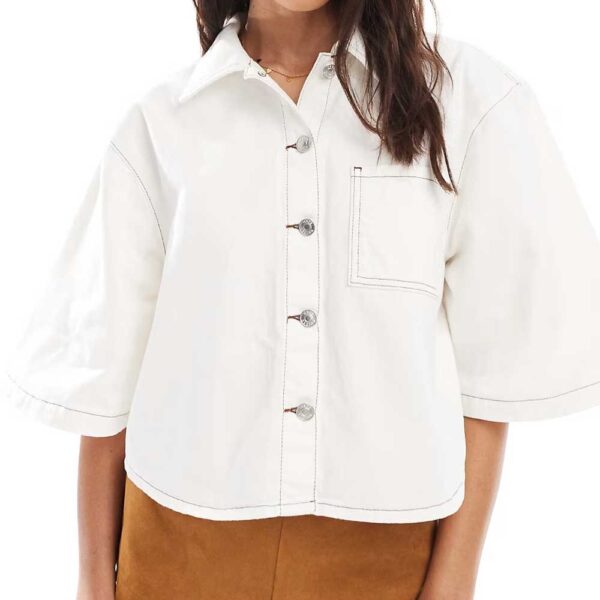 ASOS DESIGN boxy fit denim shirt with curved hem in ecru