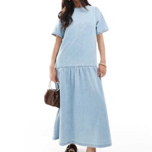 ASOS DESIGN denim t-shirt midi dress with dropped waist