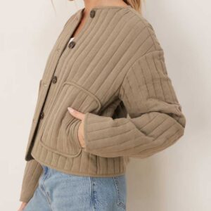 ASOS DESIGN linen mix collarless quilted cropped jacket in khaki