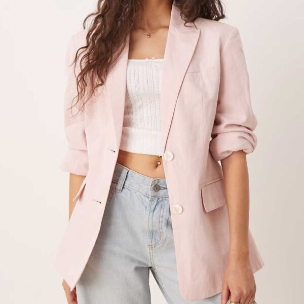 ASOS DESIGN molded hips linen blend blazer in pink