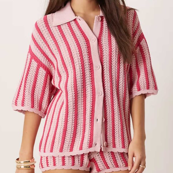 ASOS Design scallop edges knit shirt in pink stripes