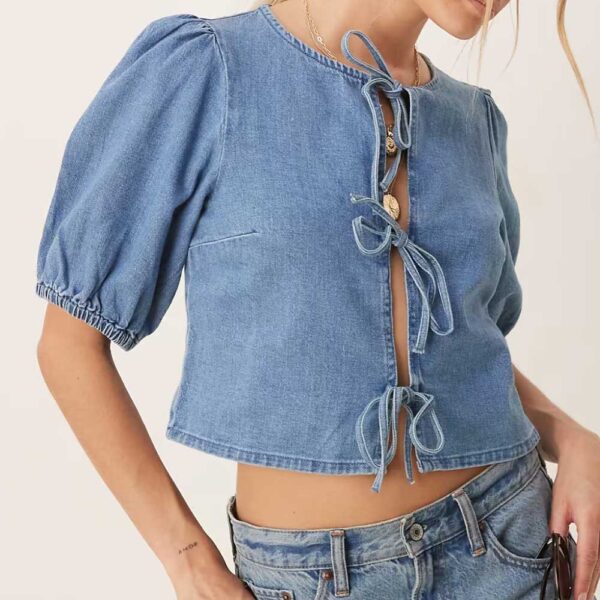 ASOS DESIGN soft denim top with tie front detail in mid-wash blue