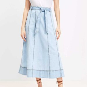 Chambray Belted Midi Pocket Skirt Light Blue Wash