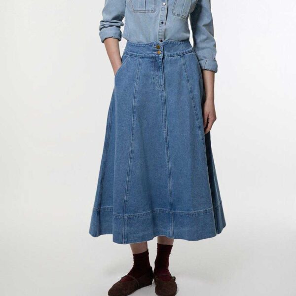 Denim High Waist Full Midi Skirt mid blue