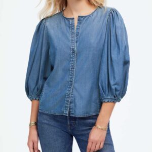 Denim Puff-Sleeve Button-Up Top kennebec wash