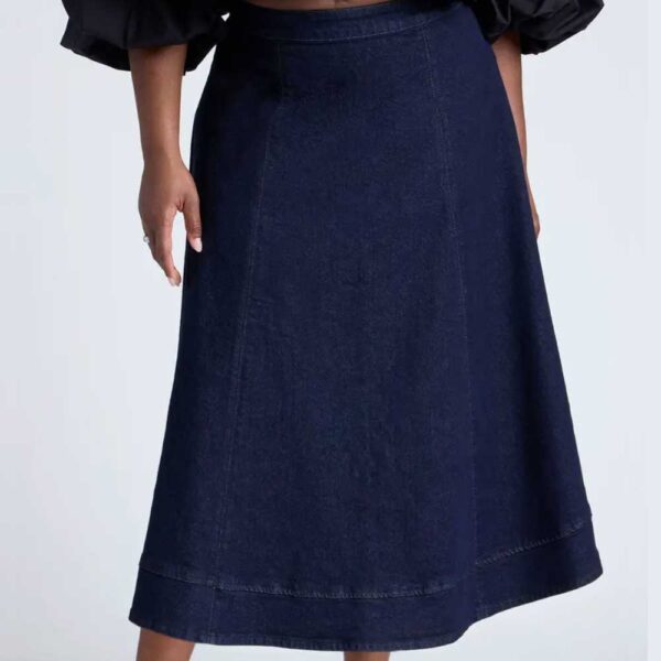 ELOQUII A-Line Denim Midi Skirt Dark Wash