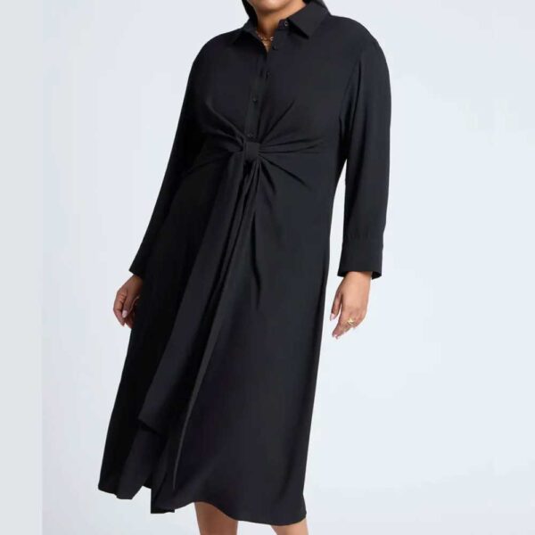 ELOQUII Tie Front Long Sleeve Maxi Shirtdress Black Onyx