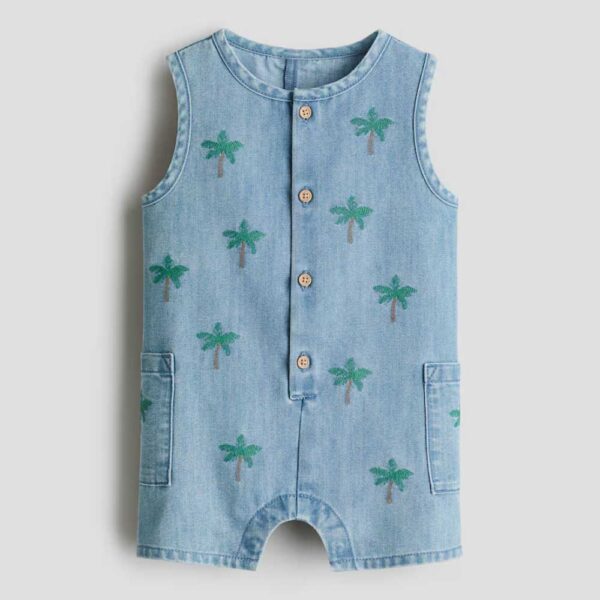 Embroidery-detail romper suit Denim blue/Palm trees