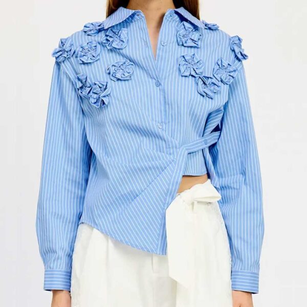 En Saison Lilith Stripe 3D Flower Asymmetric Button-Up Shirt