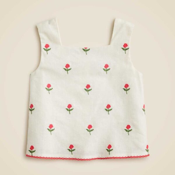 Girls' embroidered squareneck tank top in linen-cotton blend
