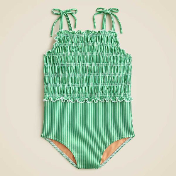 Girls' lettuce-hem smocked one-piece swimsuit with UPF 50+ fabric