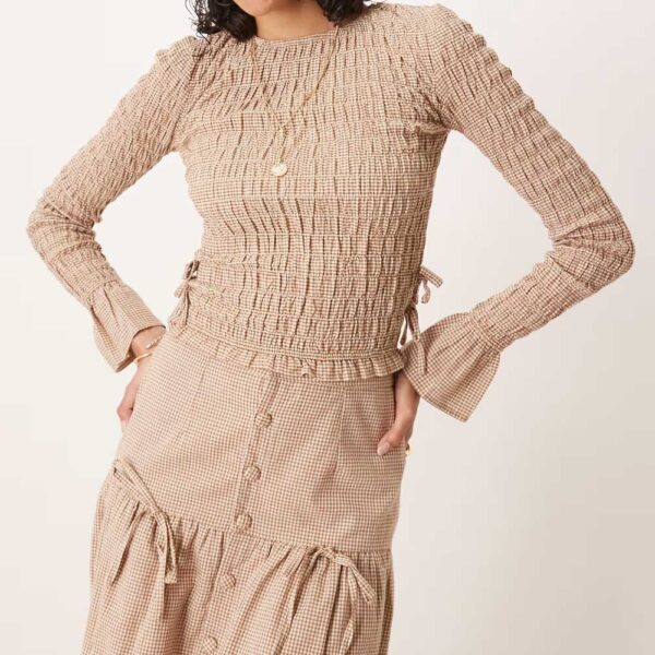 Glamorous long sleeve shirred top with tie sides in light brown plaid