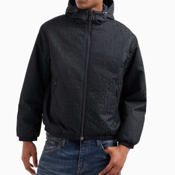 Hooded jacket in fabric with allover logo