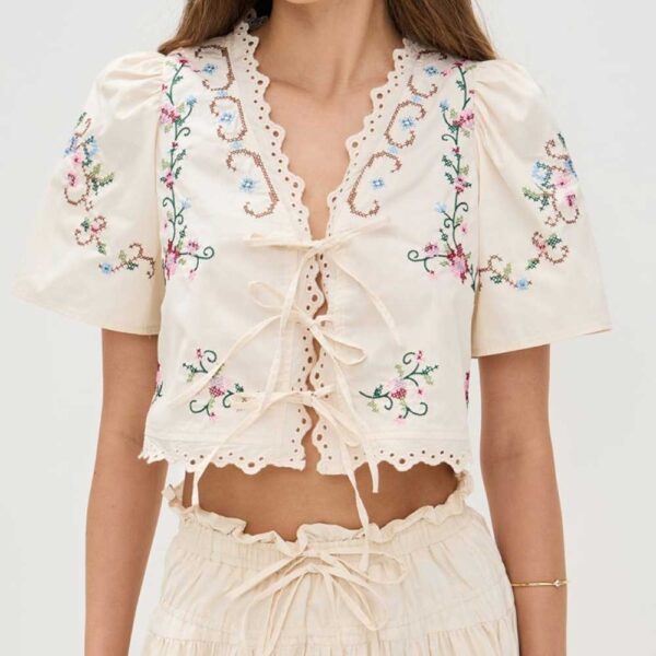 Moon River Short Puff Sleeve Eyelet Detail Top