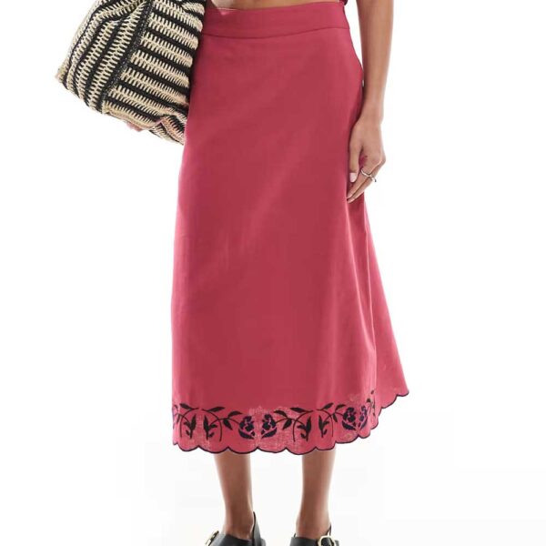 Native Youth embroidered edge midaxi skirt in burgundy