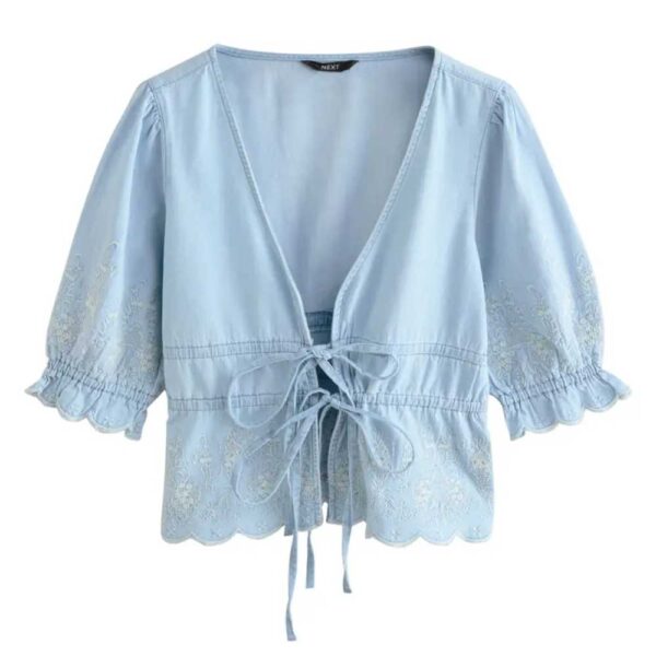 NEXT Embroidered Puff Sleeve Tie Front Denim Top