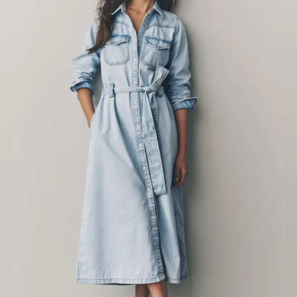 NEXT Tie Waist Long Sleeve Denim Maxi Dress