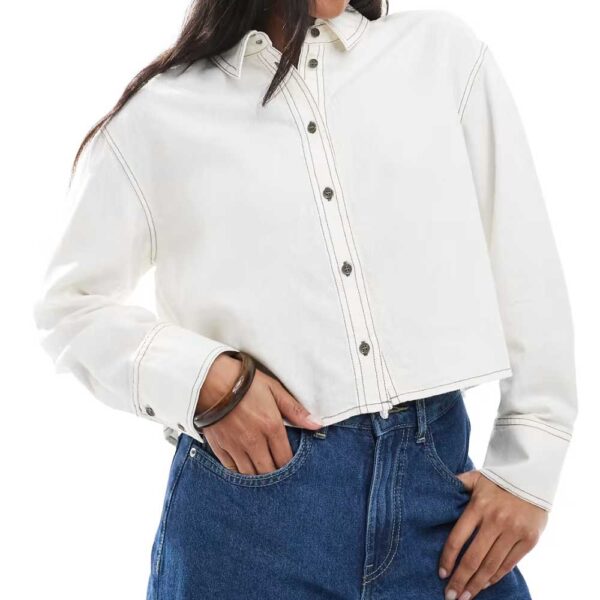 ONLY Petite linen cropped shirt with contrast stitch in white