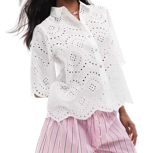 ONLY pointelle short sleeve shirt in white