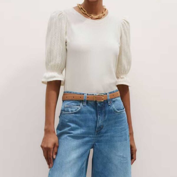 Pointelle Sleeve Peplum Top Cream