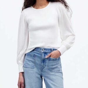 Ribbed Puff-Sleeve Top White