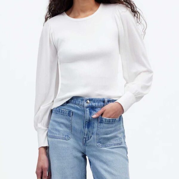 Ribbed Puff-Sleeve Top White