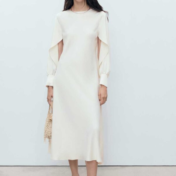 Satin dress with slit sleeves Off White
