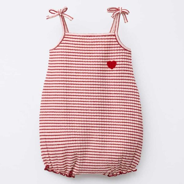 STRIPED FLOCKED HEART ROMPER Red