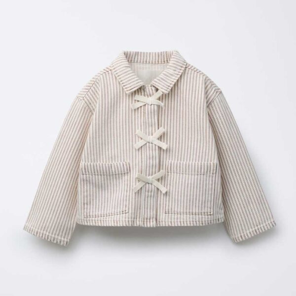 STRIPED TWILL JACKET WITH BOWS Ecru