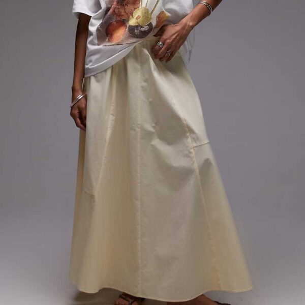 Topshop elastic waist poplin full midi skirt in buttermilk