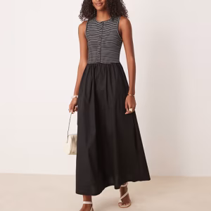 ASOS DESIGN racer button down midi dress with poplin skirt in mono stripe