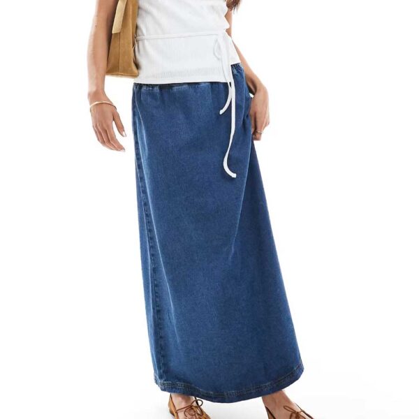ASOS DESIGN denim pull-on midi skirt in mid blue