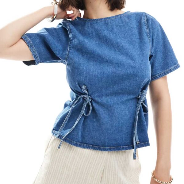 ASOS DESIGN denim t-shirt with cinched waist ties in mid-blue